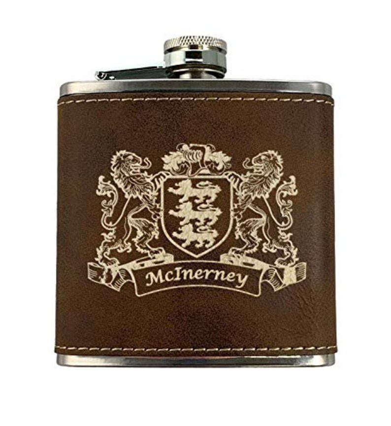 Rustic Brown McInerney Irish Coat of Arms Leather Flask