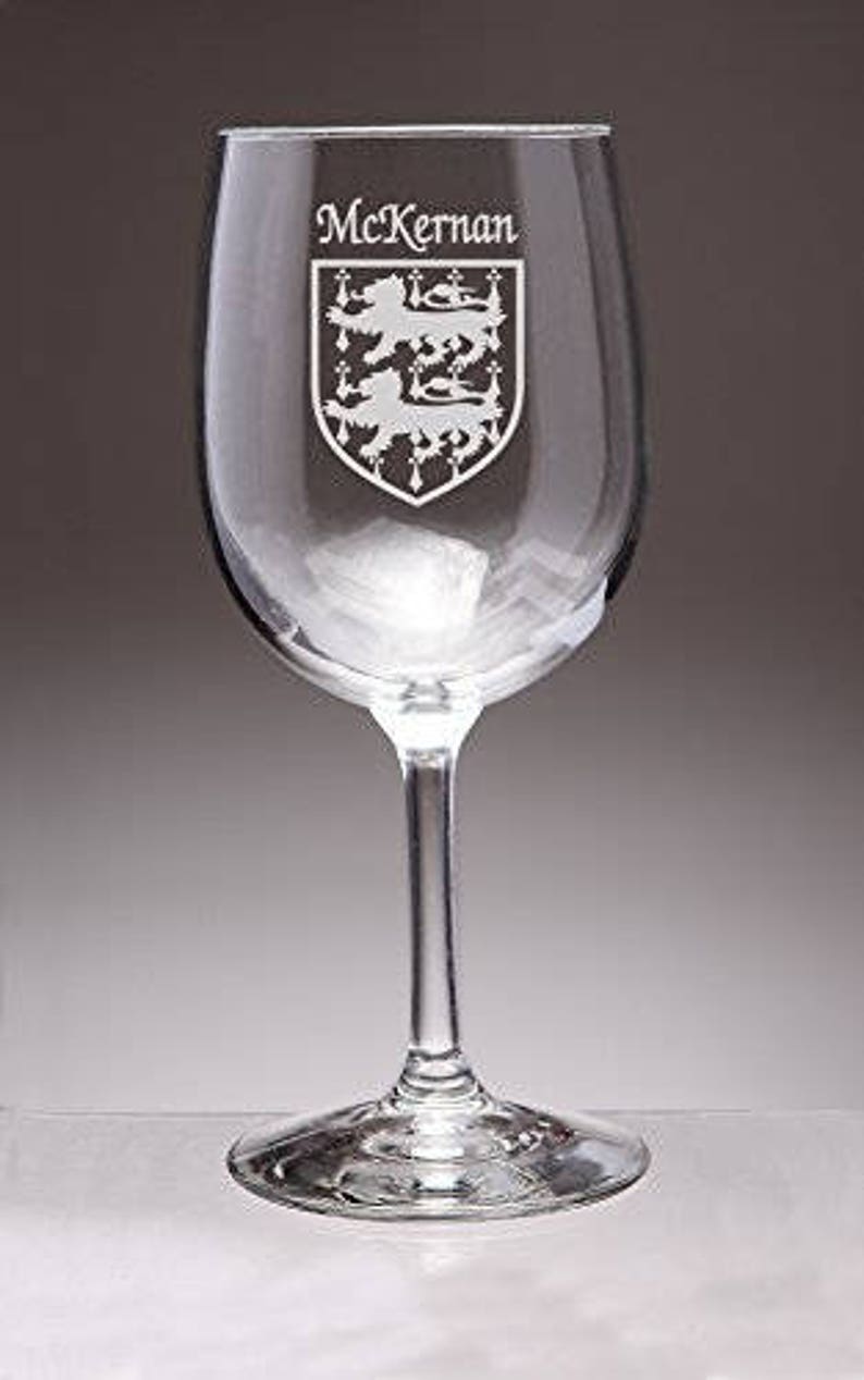 Sand Etched McKernan Irish Coat of Arms Wine Glasses Set of 4