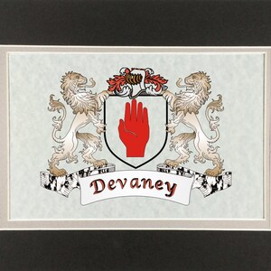 May include: A framed family crest featuring a shield with a red hand, flanked by two lions. The name "Devaney" is displayed on a banner below the crest. The artwork is set against a light blue background.