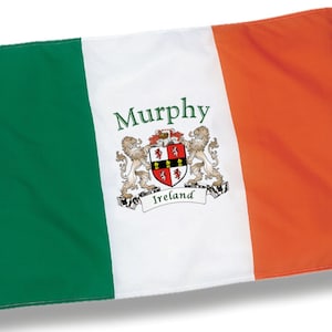 May include: Irish flag with green, white, and orange vertical stripes. The flag features the name "Murphy" in green script above a family crest with two lions and the word "Ireland".