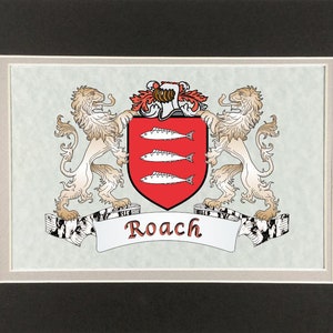 May include: A framed family crest featuring a red shield with three white fish, flanked by two tan lions. The name "Roach" is displayed on a white banner below the shield, set against a light green background.
