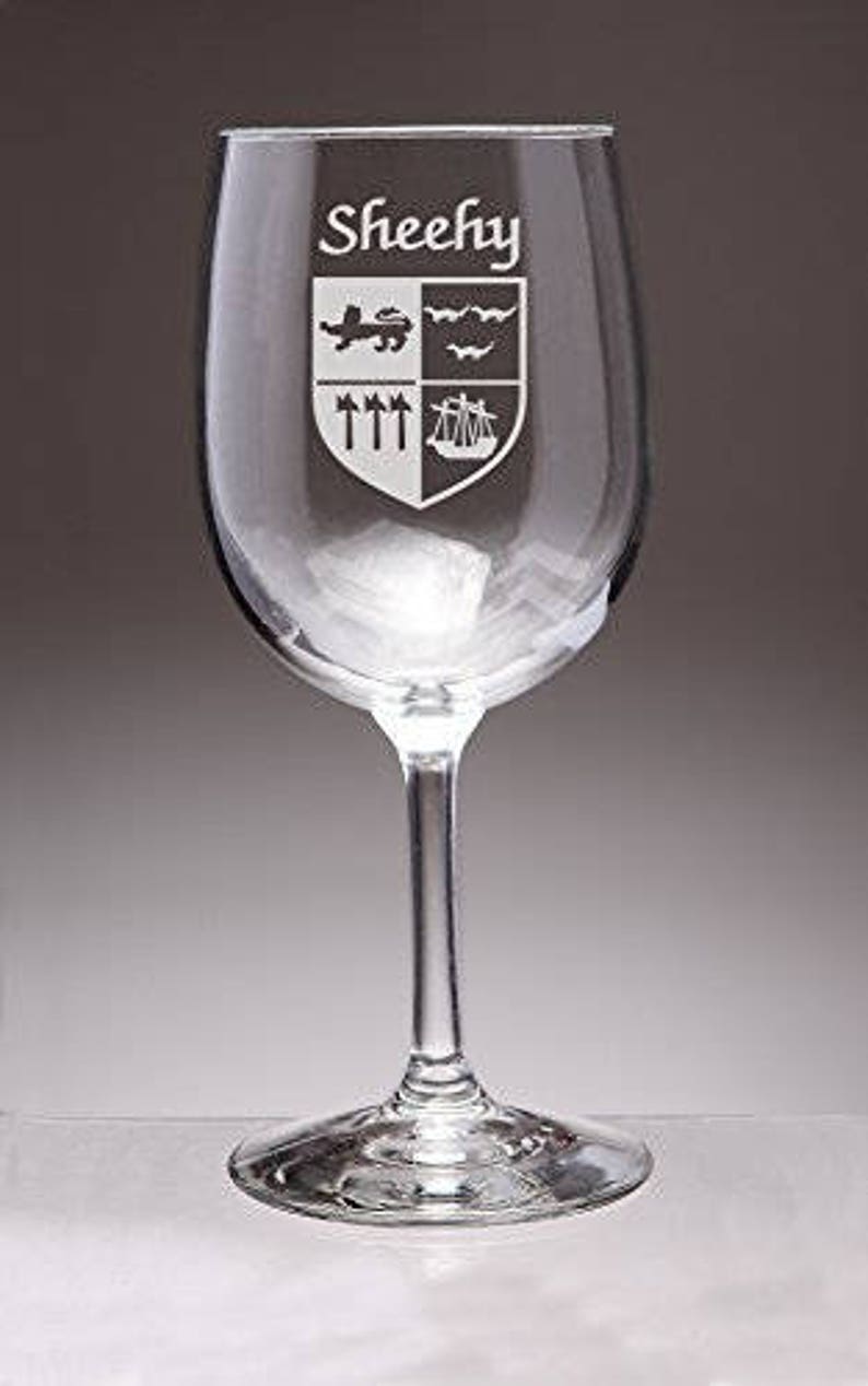 Set of 4 Sheehy Irish Coat of Arms Wine Glasses Sand Etched