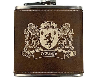 O'Keefe Irish Coat of Arms Leather Flask - Rustic Brown