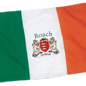 May include: A rectangular flag with vertical stripes of green, white, and orange. The white stripe features the word "Roach" above a coat of arms with lions and a banner that reads "Ireland".