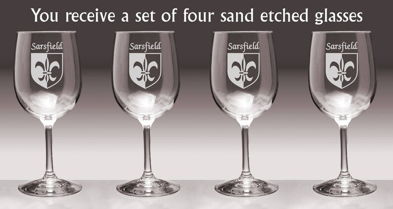 Sarsfield Irish Coat of Arms Wine Glasses Sand Etched Set of 4