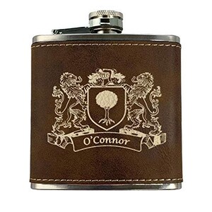 O&#39;Connor Irish Coat of Arms Leather Flask - Rustic Brown