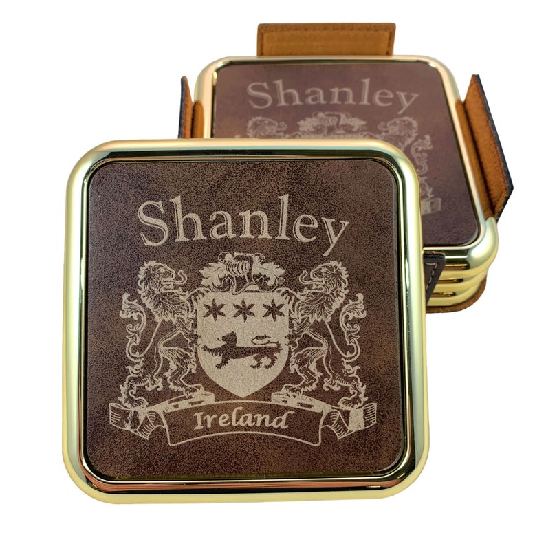 Set of 4 Shanley Irish Coat of Arms Rustic Brown Coasters