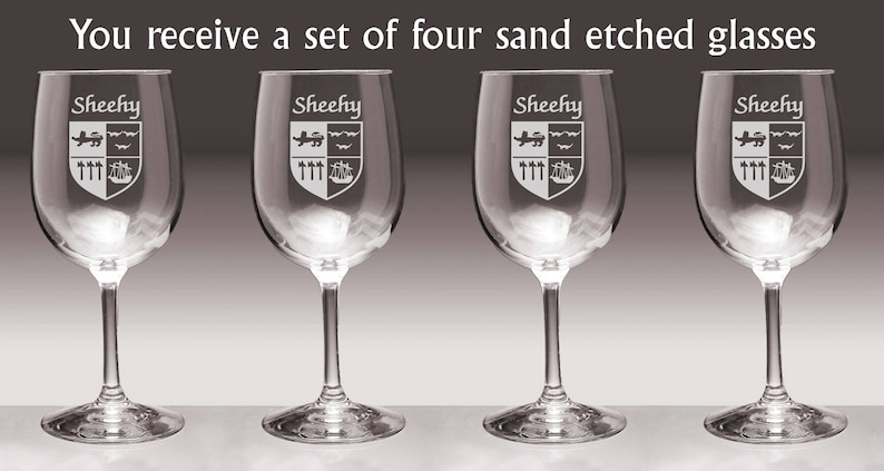Set of 4 Sheehy Irish Coat of Arms Wine Glasses Sand Etched