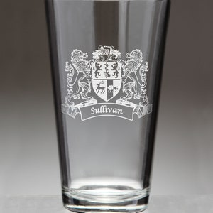 Sullivan Irish Coat of Arms Lions Pint Glasses (Sand Etched)