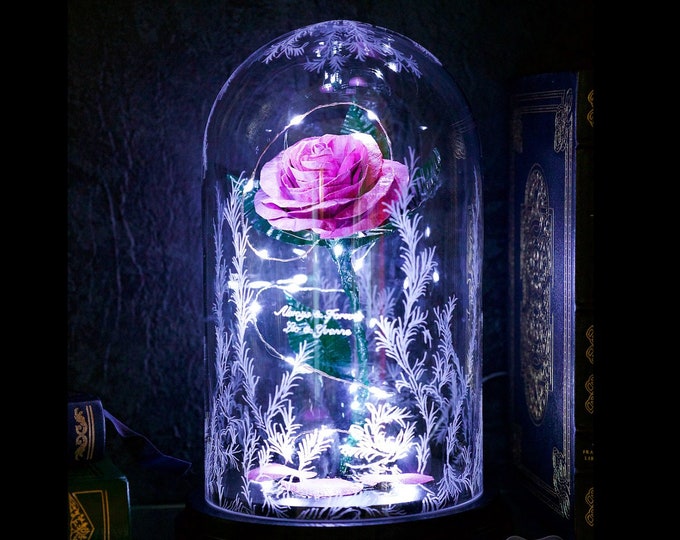 Beauty and the Beast Rose Glass Dome Pink Metal Forever - Etsy India