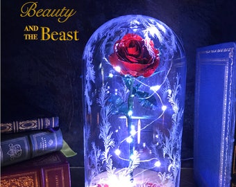 Beauty and the Beast Rose Dome, Preserved Rose, Metal Rose, Disney, Enchanted Rose, Handmade rose with LED Lights