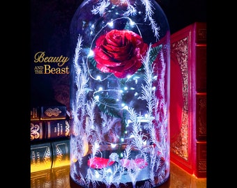 Beauty and the Beast Rose with Etched Glass Dome, Metal Forever Rose, Valentines Day Rose