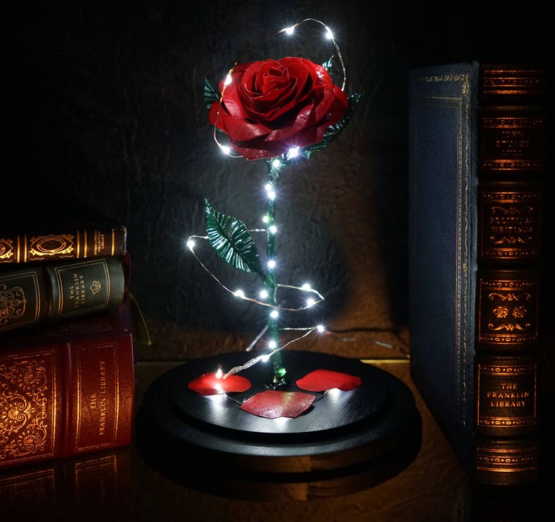 Op de afbeelding: Een rode roos met groene bladeren en een reeks witte lichtjes, ingesloten in een glazen stolp. De roos staat op een zwarte basis met gevallen bloemblaadjes. Antieke boeken op de achtergrond.