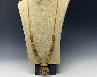 Bronze Pendant with Trade Beads on Leather Necklace
