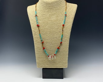 Coral, Turquoise, Heishi Shell and Crystal Necklace