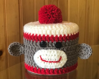 Sock Monkey Inspired Crochet Toilet Paper / Bathroom Tissue Cover/Cozy