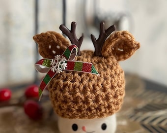 Light Brown Christmas Reindeer Crochet Mug Hat