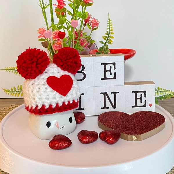 Valentines Day Mug Hat /Red Heart / Double Pom Pom /Farmhouse Tiered Tray Display