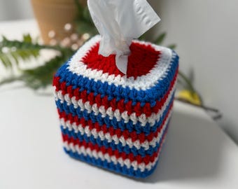 4th Of July Striped Crochet Tissue Box Cover
