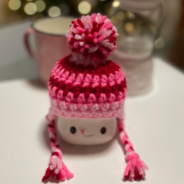 Red And Pink Striped Valentines Day Earflap Crochet Mug Hat