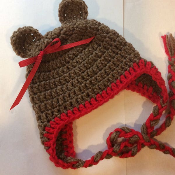 Baby Girls  Brown/Red Bear Earflap Hat