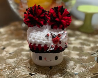 Double Pom Wood Ladybug Crochet Marshmallow Mug Hat