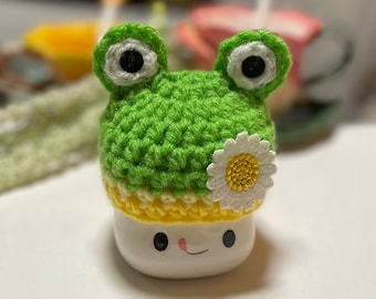 Yellow Striped Daisy Frog Crochet Mug Hat