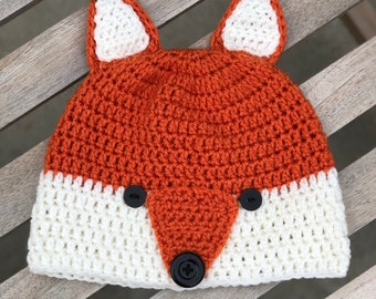 Adult Size Orange Fox Crochet Beanie Style Hat