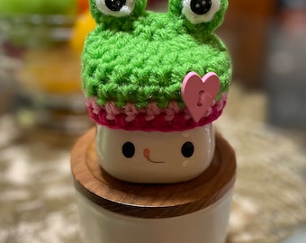 Pink Striped / Pink Heart Green Frog Crochet Mug Hat