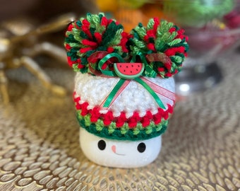 Summertime Double Pom Pom Watermelon Crochet Mug Hat