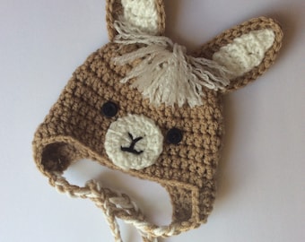 Baby/Toddler/Kids Tan Llama Crochet Earflap Hat ,costume,photo prop