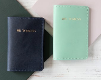 Set of Two Personalised Handmade Leather Passport Covers Gift - Wedding, Engagement, Anniversary