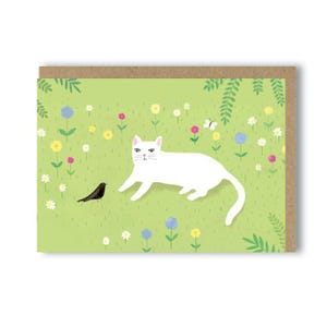 Gato no jardim - pássaro e flores - cartão de felicitações