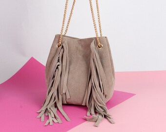 Suede Bucket Bag, Genuine Leather Bag, Genuine Leather Crossbody Bag, Real Leather Shoulder Bag, Beige Bucket Bag, Women Bag, Everyday Bag