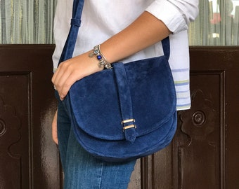 Suede Leather Messenger Bag, Blue Leather Bag, Gift for her, Handmade Bag, Work Bag, Suede Crossbody Bag, Leather Work Bag, Daily Bag