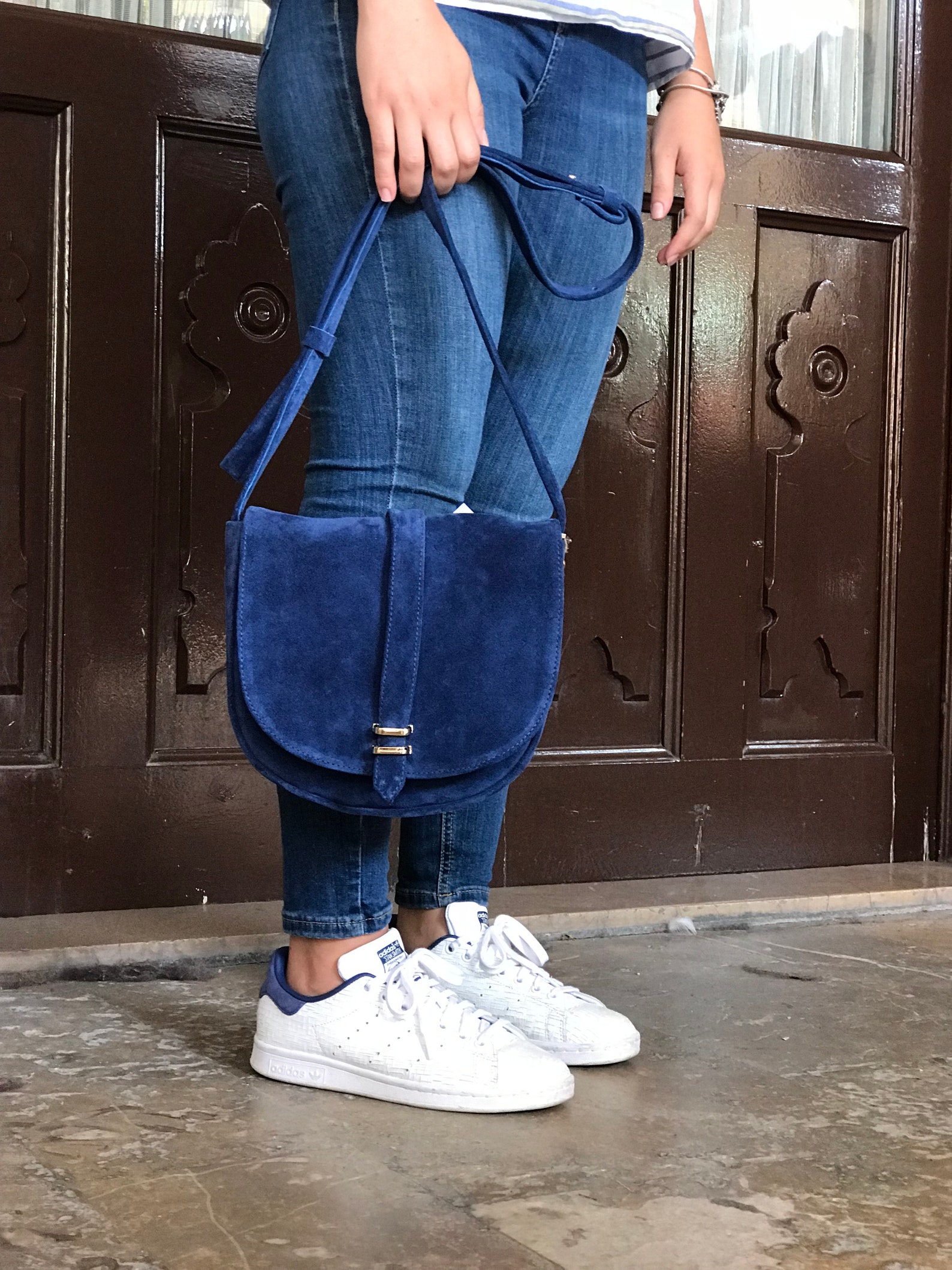 Suede Leather Messenger Bag, Blue Leather Bag, Gift for Her, Handmade