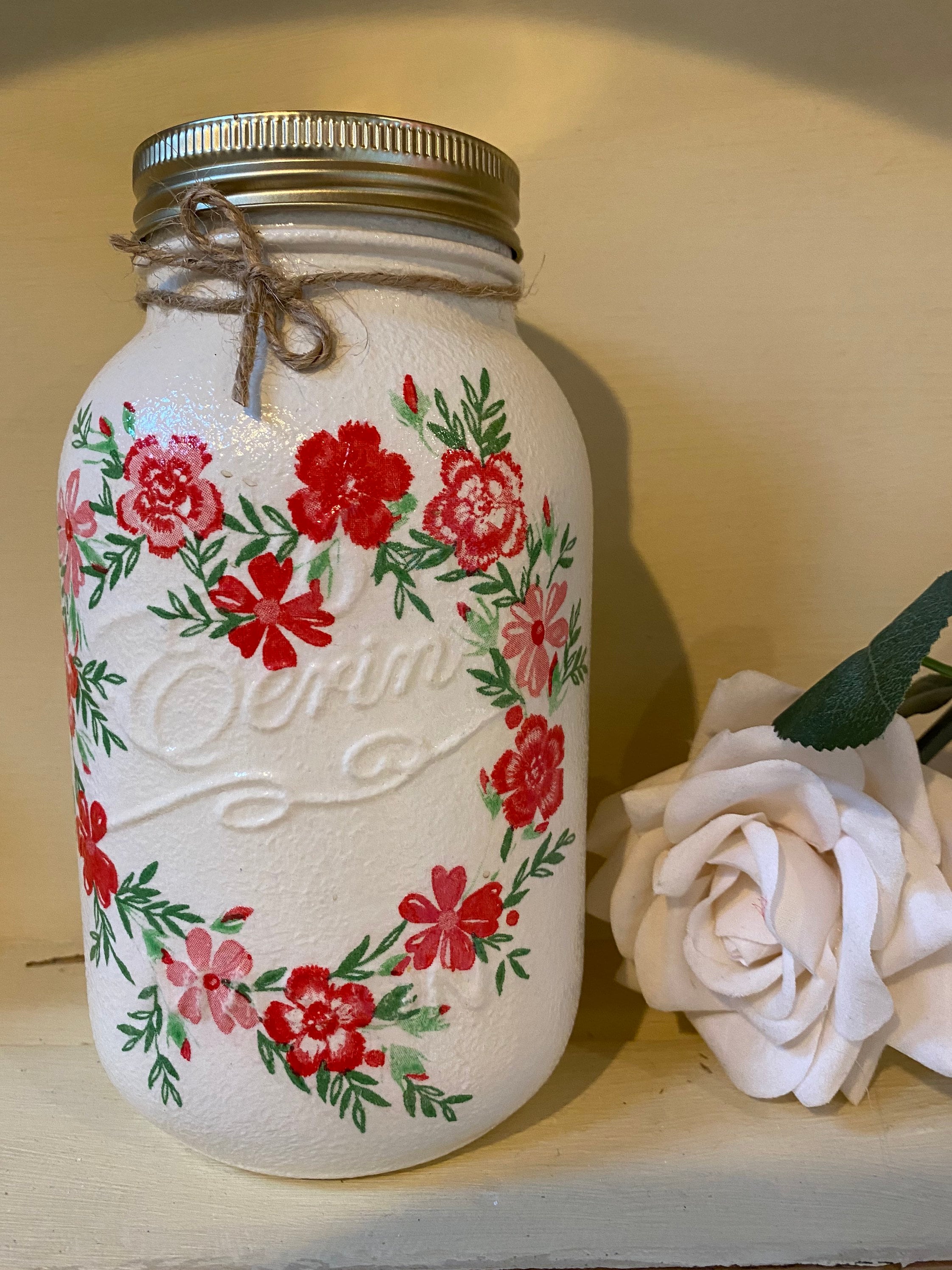 Flower Decoupaged Mason Jar. Etsy UK