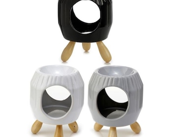 Ridged Ceramic Oil Burner with Wooden Feet + handmade wax melts / Oil Burner with three legs/ Modern Round Design