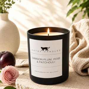 May include: A matte black candle jar with a white label featuring a black cat silhouette and the text CATSY CANDLES DAMSON PLUM, ROSE & PATCHOULI HAND POURED SOY SOY WAX CANDLE. The candle is lit, with a visible flame, and sits on a textured stone base.