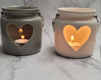 Tealight Lantern with a heart cut and chunky rope handle +handmade waxmelts /Valentine's Day/rustic ceramic tealight holders/wax melt burner