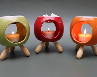 Colorful Ceramic Oil Burner with Wooden Feet: Red, Green, Orange