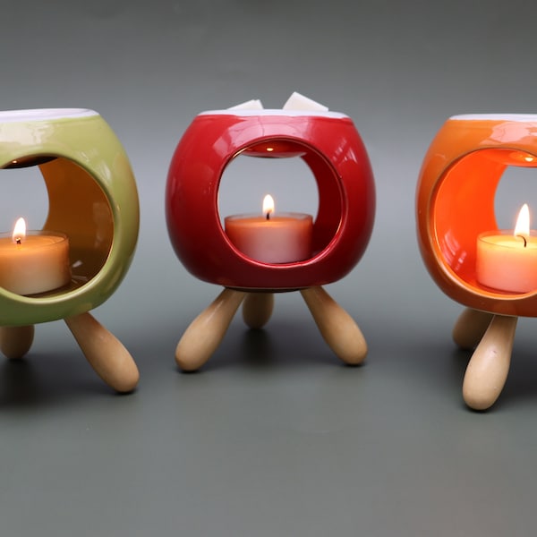 Colourful Ceramic Oil Burner with Wooden Feet/ Wax Melt Gift Box / XMAS Gift/ Oil Burner/ Green / Orange Burner/Red Burner/ Round / Pentagon