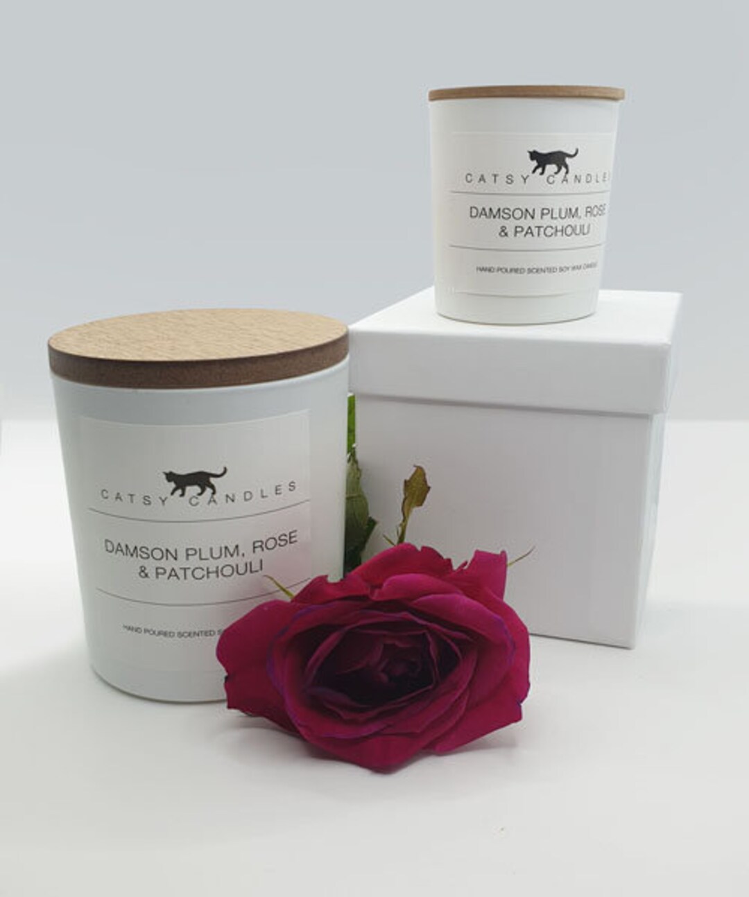 Damson Plum Rose Patchouli Candle: Natural Soy Wax, Highly Scented