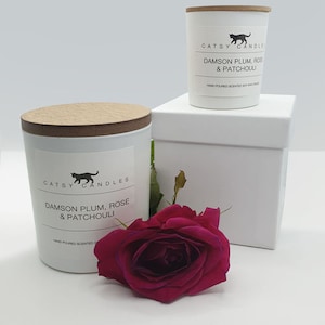May include: Two white candles with black cat logos and the text "CATSY CANDLES" and "DAMSON PLUM, ROSE & PATCHOULI" on the labels. The candles are on a white surface with a pink rose.