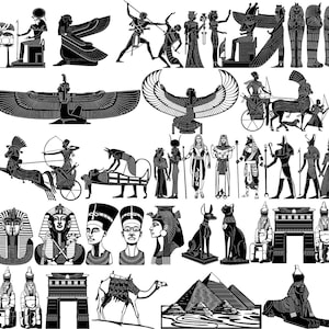 May include: Black and white silhouette illustrations of Egyptian gods, goddesses, and symbols. The illustrations include pharaohs, pyramids, scarabs, and other ancient Egyptian imagery.