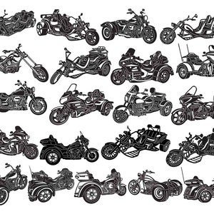 Op de afbeelding: Een verzameling zwart-wit illustraties van trikes, een type motorfiets met drie wielen. De trikes worden in verschillende poses getoond, sommige met zijspannen, sommige met passagiers en sommige met bagage.