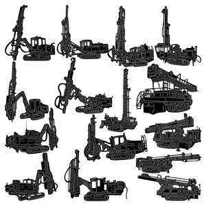 Puede incluir: Ilustración en blanco y negro de línea de arte de 13 tipos diferentes de plataformas de perforación. Las plataformas están todas en varias posiciones y tienen diferentes características, como brazos, plataformas y orugas.