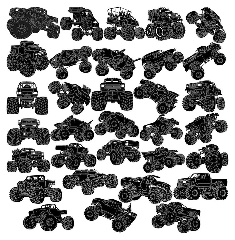 May include: A collection of 30 black and white silhouette illustrations of monster trucks. Each truck has large tires and a unique design.