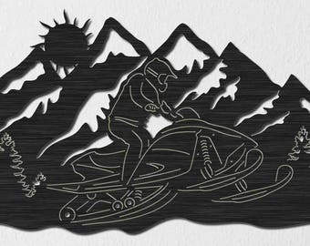 Snowmobile Riding and Mountains View scene-DXF files cut ready for cnc machines, laser cutting and plasma cutting