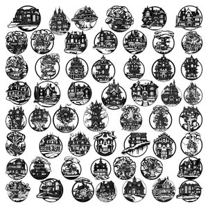 Puede incluir: Una colección de 50 ilustraciones en blanco y negro de casas encantadas, árboles y otras imágenes con temática de Halloween. Cada imagen es circular y presenta un diseño único.